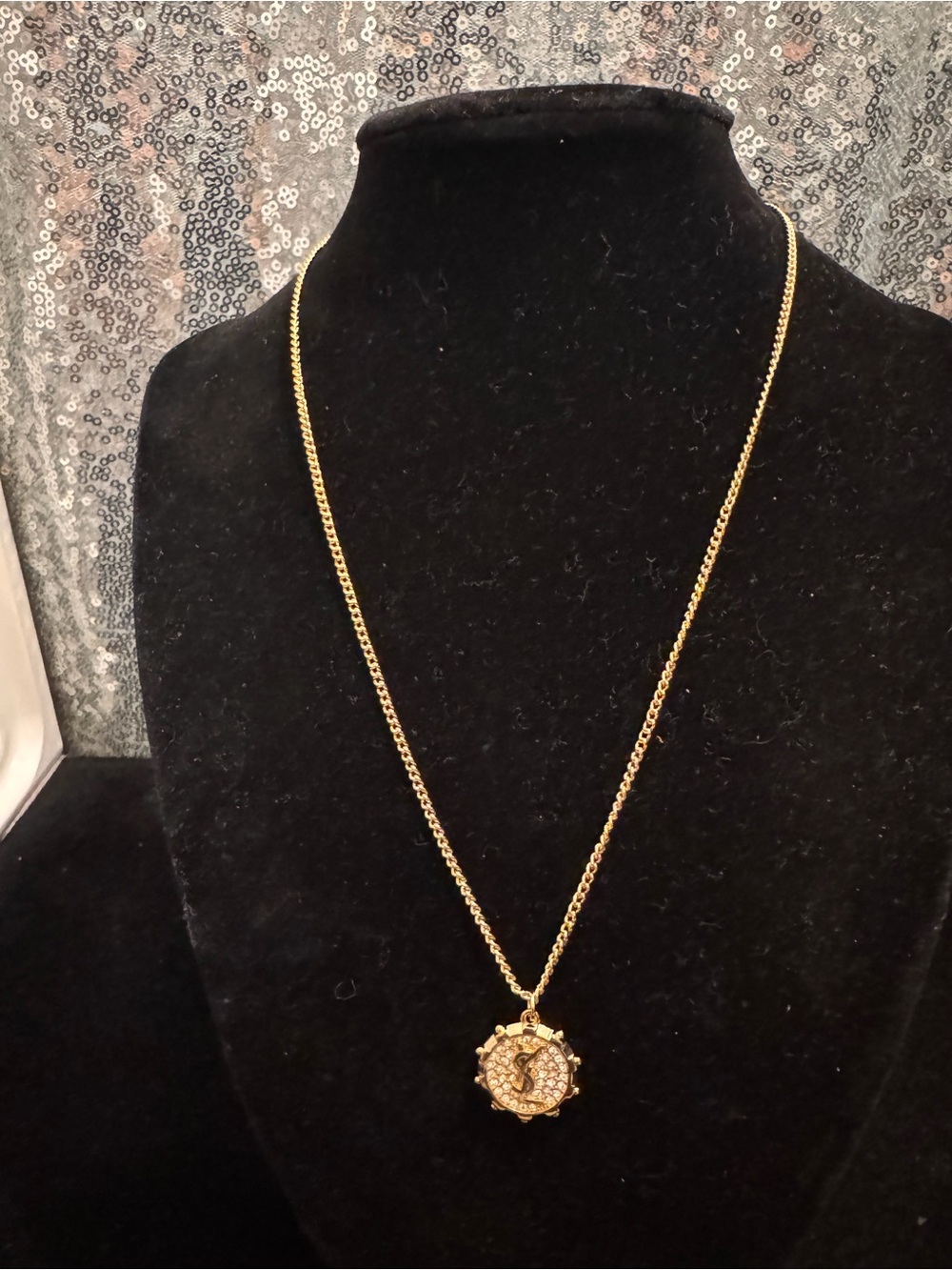 Saint Laurent YSL Gold Tone Crystal Medallion Pendant Necklace